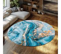 WEECHAINGE Blue & Gold Swirl Round Rug Washable Soft Low Pile Carpet with Anti-Slip Backing for Bedroom Office Modern Ocean Wave Abstract Floor Mat 150cm