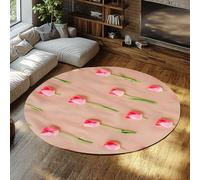 WEECHAINGE Collection Living Room Rug Round Beige & Pink Modern Tulip Floral Design Non-Shedding & Easy Care Patio Rugs for High Traffic Areas in Bedroom Dinning Room Kids Room Kitchen 60cm