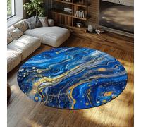 WEECHAINGE Deep Blue with Gold Marble Swirl Circular Rug Luxury Abstract Design Soft Low Pile Washable Carpet for Dining Room Home Office Floor Décor 120cm