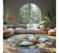 WEECHAINGE Elegant White Lily Round Rug with Gold Accents Soft Low Pile Circle Carpet Luxury Floral Washable Floor Mat for Office Girls Bedroom 80cm