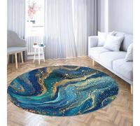WEECHAINGE Galaxy Marble Washable Round Area Rugs Blue Gold Fluid Ink Swirl Print Circle Carpets Non-shedding Low-Pile for Bedroom Office Den 60cm