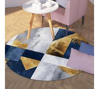WEECHAINGE Geometric Blue Gold White Round Rug Abstract Industrial Chic Minimalist Washable Carpet Floor Mat for Bedroom Office Modern Home Decor 135cm