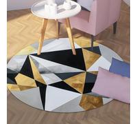 WEECHAINGE Geometric Modern Round Rug Black White and Gold Abstract Triangles Washable Non-slip Area Carpet for Living Room Bedroom Home Office Decor 135cm