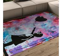 WEECHAINGE Girl with Heart Balloon Washable Rugs Living Room Area Rug 100x150cm Bedroom Large Non Slip Soft Carpet Kitchen Bedroom Dining Room Office Indoor Low Pile Carpets Pink Purple Blue