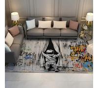 WEECHAINGE Gray Rugs 180x240cm - Graffiti Boy Opening Curtain Pattern Area Rug Modern Creative Design Indoor Outdoor Floor Mat Washable Non Slip Easy Clean Thin Carpet for Classroom Dorm Apartment