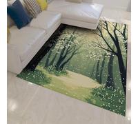 WEECHAINGE Green Rugs for Living Room 90x150cm Fantasy Fairy Tale Forest Print Area Rug Falling White Petals Magic Path Pattern Rug Washable Soft Short Pile Non Slip Non Shedding Carpet for Bedroom
