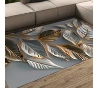 WEECHAINGE Grey Gold Silver Rug Scandi Area Rugs Living Room 60x90cm Dining Kitchen Neutral Abstract Botanical Leaf Patter Rugs Boho Style Easy Care Pile Large Rug