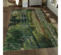 WEECHAINGE Japanese Bridge Washable Rugs 100x150cm Living Room Green & Pink Area Rugs Monet Water Lily Garden Rug Large Non Slip Carpet Short Pile for Bedroom Dining Room Kitchen Soft Faux Wool
