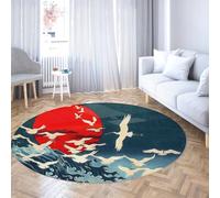 WEECHAINGE Japanese Crane Red Sun Round Rug Ukiyo-e Style Ocean Wave Carpet for Living Room Tea Room Bedroom Washable Low-Pile Oriental Area Rugs 160cm
