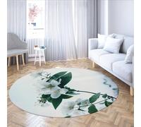 WEECHAINGE Jasmine Flower Print Round Area Rug White Blossoms and Green Leaves Carpet Low-Pile Washable Anti-Slip Floor Mat for Bedroom Living Room 135cm