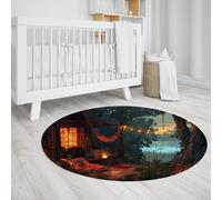 WEECHAINGE Lakeside Cabin Round Rug Low Pile Forest Night Scene Carpet Washable Anti-Slip Circle Mat for Bedroom Reading Nook Indoor Floor Decor 80cm
