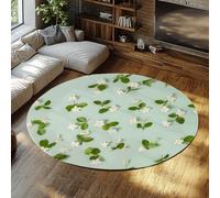 WEECHAINGE Light Green Round Washable Area Rug White Jasmine Flowers and Green Leaves Short Pile Non-slip Entry Rugs for Kids Girls Boys Dorm 240cm