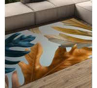 WEECHAINGE Light Grey Area Rugs for Living Room 200x300cm Modern 3D Leaf Pattern Bedroom Rugs Large Washable Teal Blue & Gold Soft Vintage Floor Carpet Non Slip for Kitchen Office Nursery Room Decor