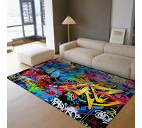 WEECHAINGE Modern Abstract Area Rugs 60x120cm Hippie Graffiti Style Pattern Accent Rug Hip Hop Decor Washable Low Pile Rectangular Carpet for Teens Room Decor