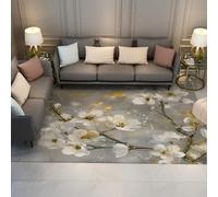 WEECHAINGE Modern Floral Machine Washable Rug 100x150cm Short Pile Non Slip Backing Non Shedding White Blossom on Grey with Gold Area Rugs for Living Room Bedroom Kitchen Hallway Office