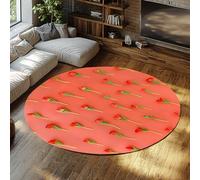 WEECHAINGE Modern Floral Print Round Playroom Rug Coral Red Background with Red Tulip Flowers and Green Leaves Washable Carpet for College Dorm 150cm