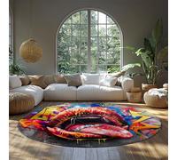 WEECHAINGE Modern Graffiti Lips Tongue Round Rug Bold Colorful Urban Street Art Area Carpet Non-slip Washable Low Pile for Teens Bedroom Décor 135cm