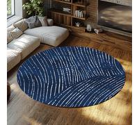 WEECHAINGE Modern Navy Blue Circle Rug Minimalist White Line Pattern Washable Round Carpet Non-slip Low Pile Bedroom Floor Mat Nordic Home Decor 135cm