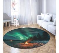 WEECHAINGE Northern Lights Washable Round Area Rugs Campfire Snow Forest Landscape Non Slip Soft Carpet Arctic Winter Floor Mat for Dining Room Office 180cm