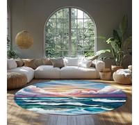 WEECHAINGE Ocean Sunset Nursery Round Rug with Waves and Sky Print Low Pile Circle Kids’ Play Area Carpet in Coastal Watercolour Style Non-Slip 180cm
