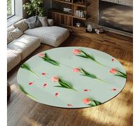 WEECHAINGE Orange Pink Tulip Flowers and Petals Round Bedroom Rugs Soft Pastel Green Minimalist Botanical Non Slip Camping Rug for Dining Room Decor 135cm