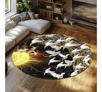 WEECHAINGE Oriental Crane Sunrise Design Round Rug Flying Birds Black Gold Marble Pattern Area Rugs Low Pile Floor Carpet for Living Room Study 100cm