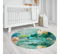 WEECHAINGE Oriental Lotus Washable Round Rug Green Leaf and Pink White Flower Thin Non Slip Circle Floor Carpet for Nursery Living Room Office Decor 150cm