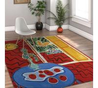 WEECHAINGE Red Still Life Washable Rugs 120x150cm Living Room Zigzag Motifs Fruit Kitchen Rugs Non Slip Soft Short Pile Vintage Red Rugs for Bedroom Hallway Dining Room Lightweight Carpet