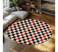 WEECHAINGE Retro Checkerboard Washable Round Area Rugs Red Accents Modern Non-shedding Low-Pile Thin Circle Rug Carpets for Living Room Bathroom 100cm