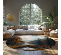 WEECHAINGE Round Area Rug for Bedroom Rust-Orange/Slate-Blue Nature Landscape Non-Shedding Living Room Dining Foyer Rugs Autumn Forest with Misty River Scene 80cm