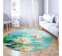 WEECHAINGE Round Classroom Rugs Living Room Washable Soft Water Lily Lotus Print Indoor Non-Slip Low Pile Carpet for Bedroom Dining Table Home Office Decor Aqua Blue Pink Green 150cm