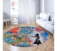WEECHAINGE Round Non Slip Rug Washable Circle Mat Graffiti Street Art Modern Area Rugs Colourful Girl Silhouette Non-Slip Thin for Entryway Kitchen 60cm