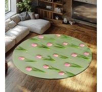 WEECHAINGE Spring Floral Round Throw Rugs Pastel Green Pink Tulip Flowers Minimalist Botanical Soft Non Slip Office Rug for Living Room Home Decor 160cm