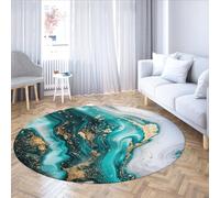 WEECHAINGE Turquoise Gold Marble Abstract Round Rug Luxury Ink Fluid Pattern Soft Washable Carpet for Modern Minimalist Living Room Bedroom Art Decor 80cm