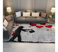 WEECHAINGE Washable Rugs 100x150cm Grey Black Red Area Rugs for Living Room Non Slip Backing Rug for Bedroom Street Art Graffiti Heart Boy Soft Faux Wool Banksy Area Rug for Home Office Decor