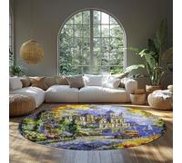 WEECHAINGE Watercolor European Village Round Washable Area Rug Scenic River Castle Vintage Car Sailboat Print Office Rugs Low Pile Non Slip Carpet for Dining Room Entryway Entrance Kitchen 135cm
