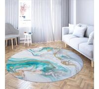 WEECHAINGE White and Teal Round Area Rug Gold Marble Swirl Modern Coastal Abstract Design Non Slip Machine Washable Circle Carpet Office Floor Décor 120cm