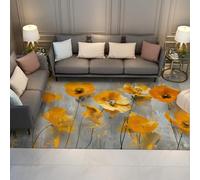 WEECHAINGE Yellow Poppy Extra Large Area Rug 180x270cm Washable Low Pile Faux Wool Non Shedding Retro Floral Design Carpet for Living Room Bedroom Kids Room Hallway Modern Thin Rugs Grey