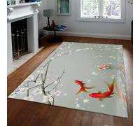 WEECHAINGE Zen Koi Fish & Plum Blossom Area Rugs for Living Room Bedroom Kitchen Dining Room Japanese Style Carpet Soft Short Pile Traditional Neutral Grey Rug Stain Resistant 160x200cm