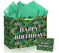 Weed Birthday Gift Bag Large Funny Leaf Gift Wrapping Paper Bag with Handle Greeting Card Tissue Paper Cool Green Black Leaves Favors Bag for Men Women Adults Weed Birthday Party Supplies Decorations