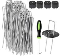 Weed Membrane Pegs, 100 Pack Metal 6"/150mm Weed Pegs+50 Pack Buffer Washer Heavy Duty Ground Pegs Fabric Garden Pegs Staples Artificial Grass Pins for Membrane, Sliver