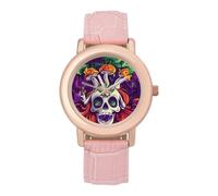 Weed Skull Psychedelic Mushrooms Womens Leather Strap Elegant Lady Wrist Watches Casual Band Three-Hand Watch