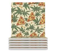 Weeds And Pizza Printed Ceramic Coasters Square Absorbent Smooth Drink Coaster Set for Wine Beer Bar