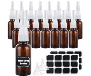 WeeGoo 16 PCS 30ml Amber Glass Nasal Spray Bottle, Empty Refillable Nose Mist Sprayer with Nozzles, Glass Direct Nasal Spray Bottles with Funnels and Sticker for Water Perfume Home Travel