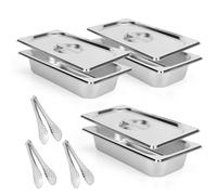 WeeGoo 3 PCS Gastronorm Pan 1/3 Rectangle, Stainless Steel Food Containers with Lids and Kitchen Tongs, Deep Gon Pans Bain Marie 32.5 x 17.5 x 6.5CM