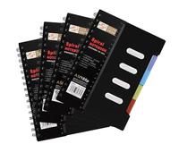WeeGoo 4 PCS A5 Notebook with Dividers, 260 Pages Plastic Dividers for Spiral Notebook, Black 80 GSM Thick Wirebound Spiral Notebooks for Home Travel Office 21.5CM x 12.7CM