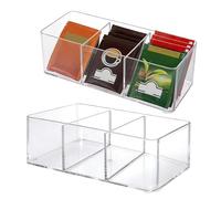 WeeGoo 4 Pcs Plastic Tea Storage Boxes, Clear 3-Compartment Sugar Packet Holder, 23×9×6cm Acrylic Teabag Organizer Bins for Teabag Coffee Bags Small Item