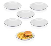 WeeGoo 6 PCS Round Enamel Dinner Plates 26 x 3.5 CM, Retro Enamel Pie Dish with Blue Rim, White Traditional Enamelware Plates for Oven Stove Apple Pies Pasta