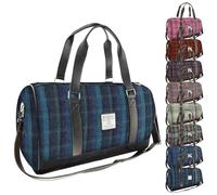 Weekend Bag - Genuine Harris Tweed Made in Scotland - Large Cabin Duffel - Tartan Travel Companion - Unisex Hand Luggage - Blue with Turquoise Overcheck