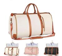Weekend Bags for Women, Large PU Leather Travel Duffel Bag, 2 in 1 Carry On Garment Bag with Shoe Compartment, Waterproof Lightweight Overnight Holdall(White,White)